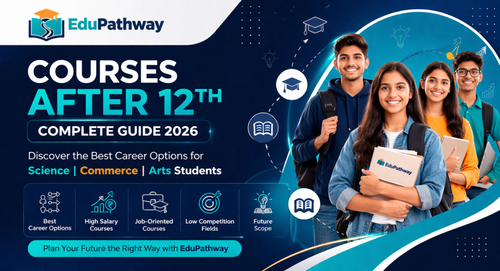 Courses after 12th complete guide 2026 banner showing career options for science commerce and arts students EduPathway